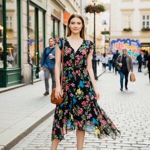 Calvin Klein Asymmetrical Floral Dress - Black, Pink, Blue